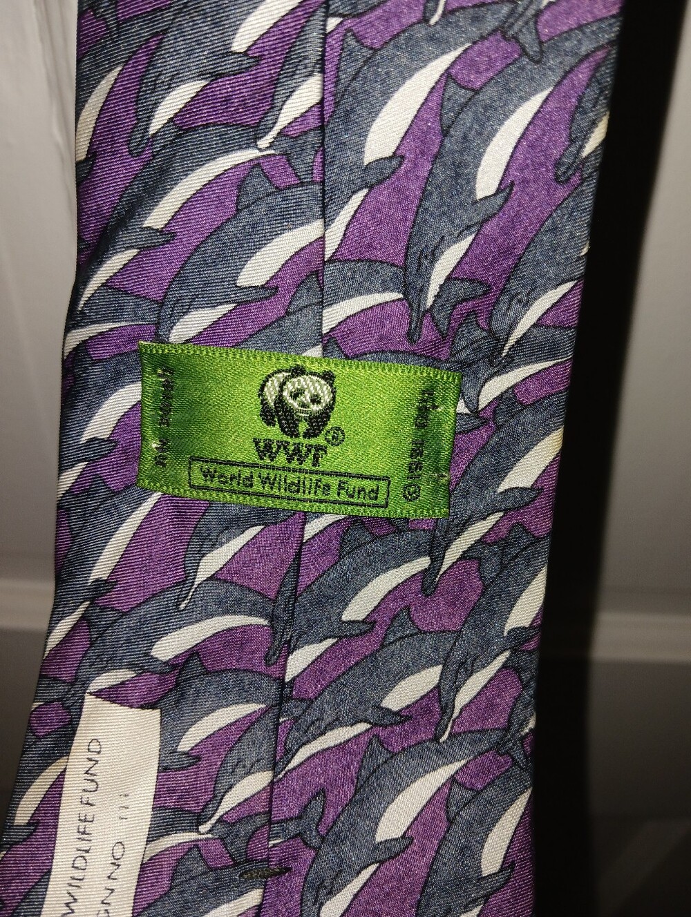 Vtg 100% Silk DOLPHINS World Wildlife Fund Tie 60in Faint Spots